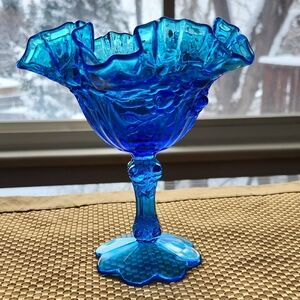 Fenton Peacock Blue Compote Candy Dish Vintage Cabbage Rose Glassware Bowl